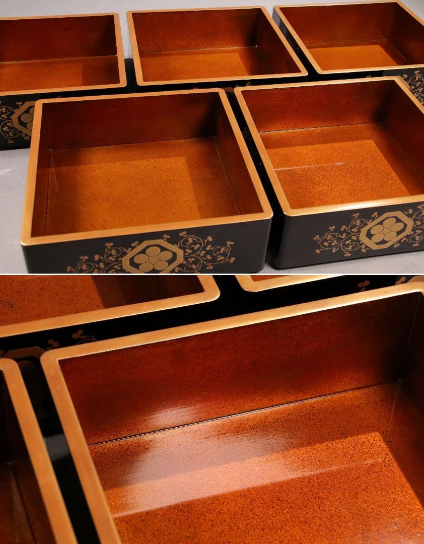 M486 輪島塗 八重門彦助 梅鉢家紋 蔦 宝尽くし金蒔絵 黒塗五段重