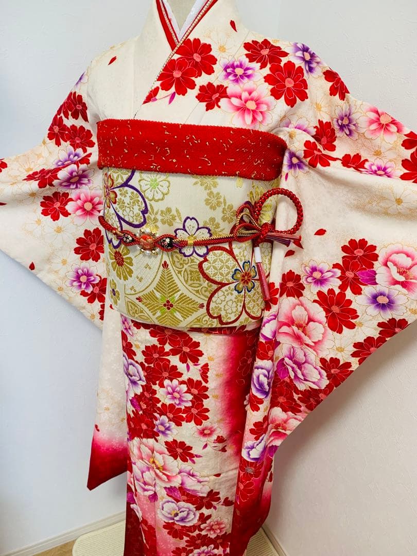 342 振袖フルセット 正絹 オフホワイト 白 橙 赤 金彩 暈し染め 長身さん
