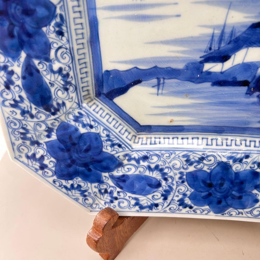 古伊万里 染付 山水文 八角大皿 飾り皿 和食器 骨董 アンティーク