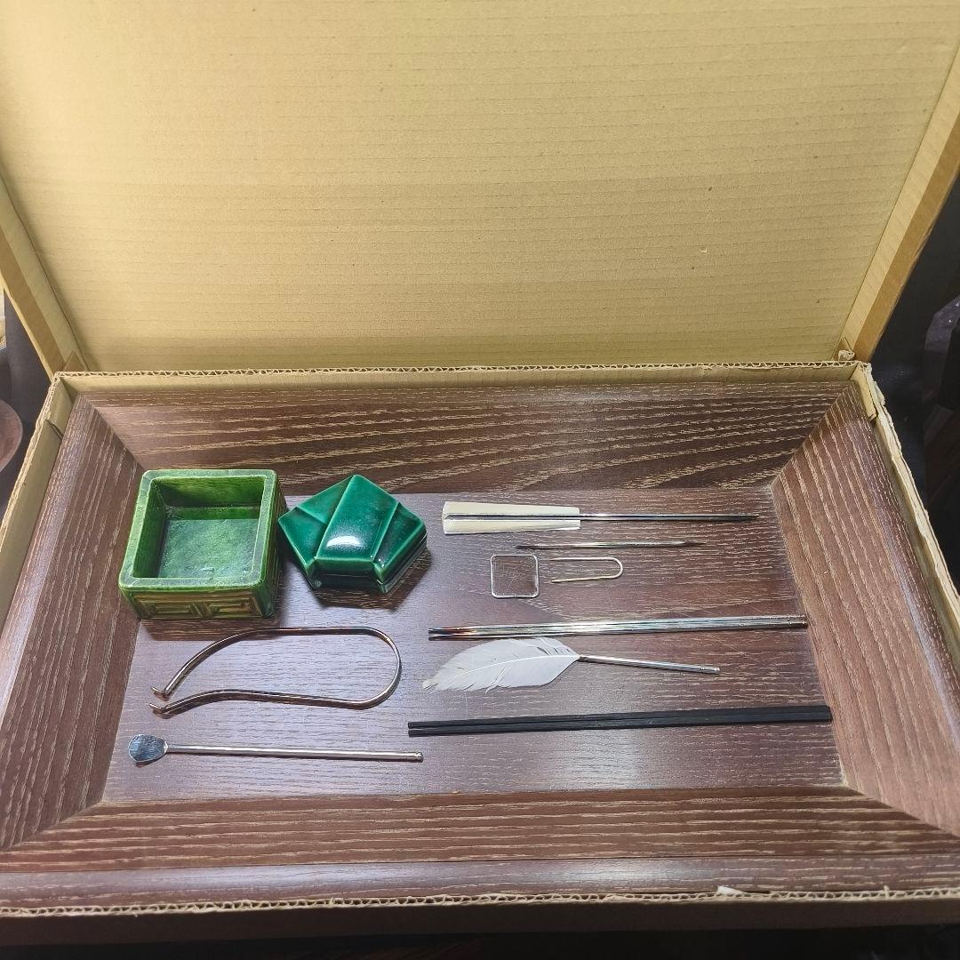 茶道具七事式 桑木香盆 織部香合 香炉 火道具セット 銀葉 香箸 全11点 茶道具 香道具セット 桑香盆セット 炉 風炉用 表千家用 女桑国産材使用