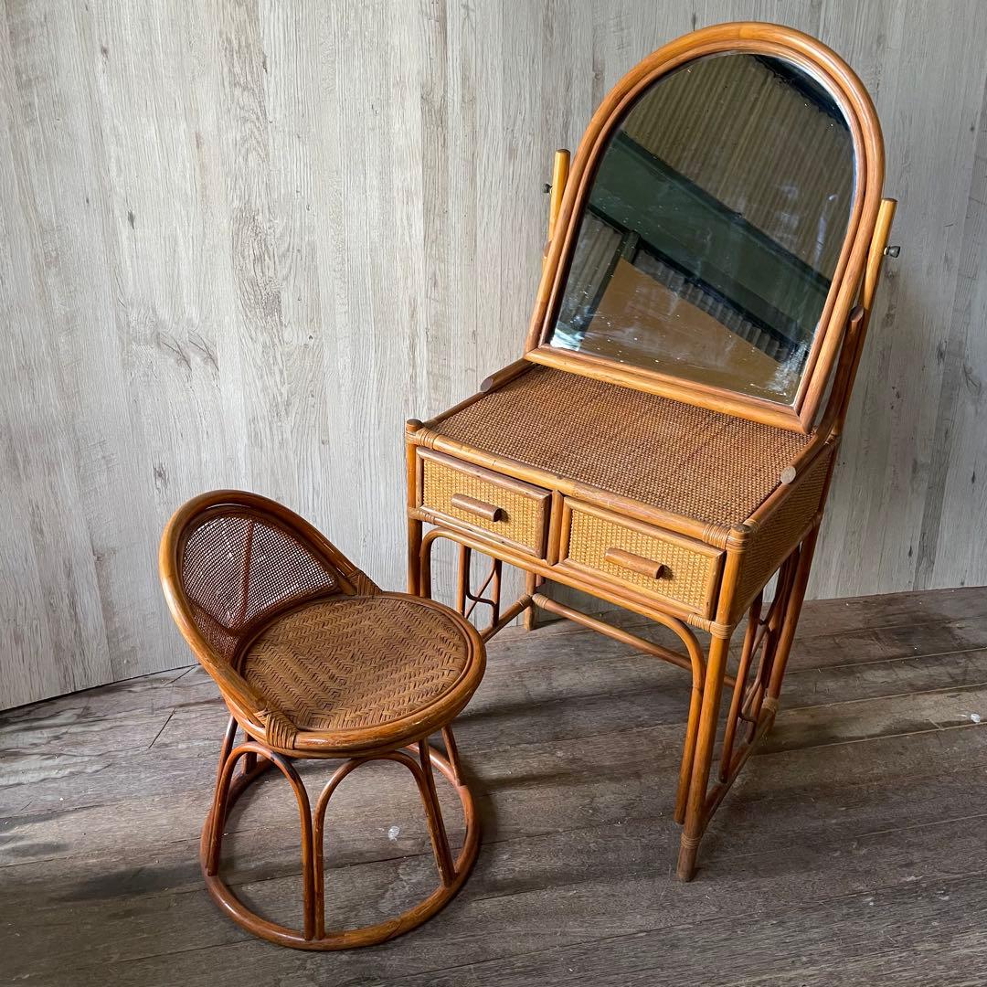ラタン化粧台 ビンテージ アンティーク家具 ラタン家具 籐 鏡台 昭和レトロ 昭和レトロ ラタン ドレッサー 鏡台 引き出し付き アーチ型ミラー