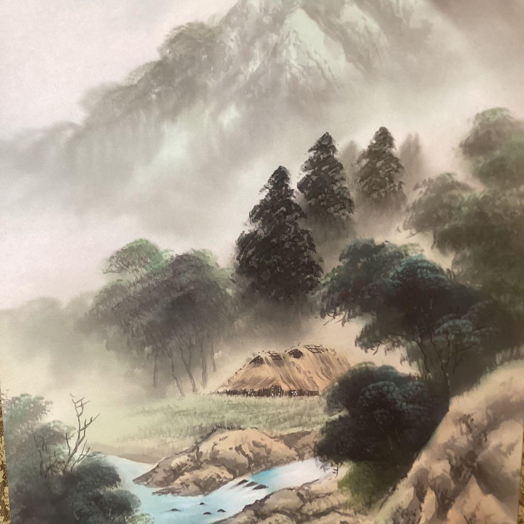 小坂静思　評価額40万絹本彩色山水画【真筆証明書　作家連盟　会長中島清堂】213