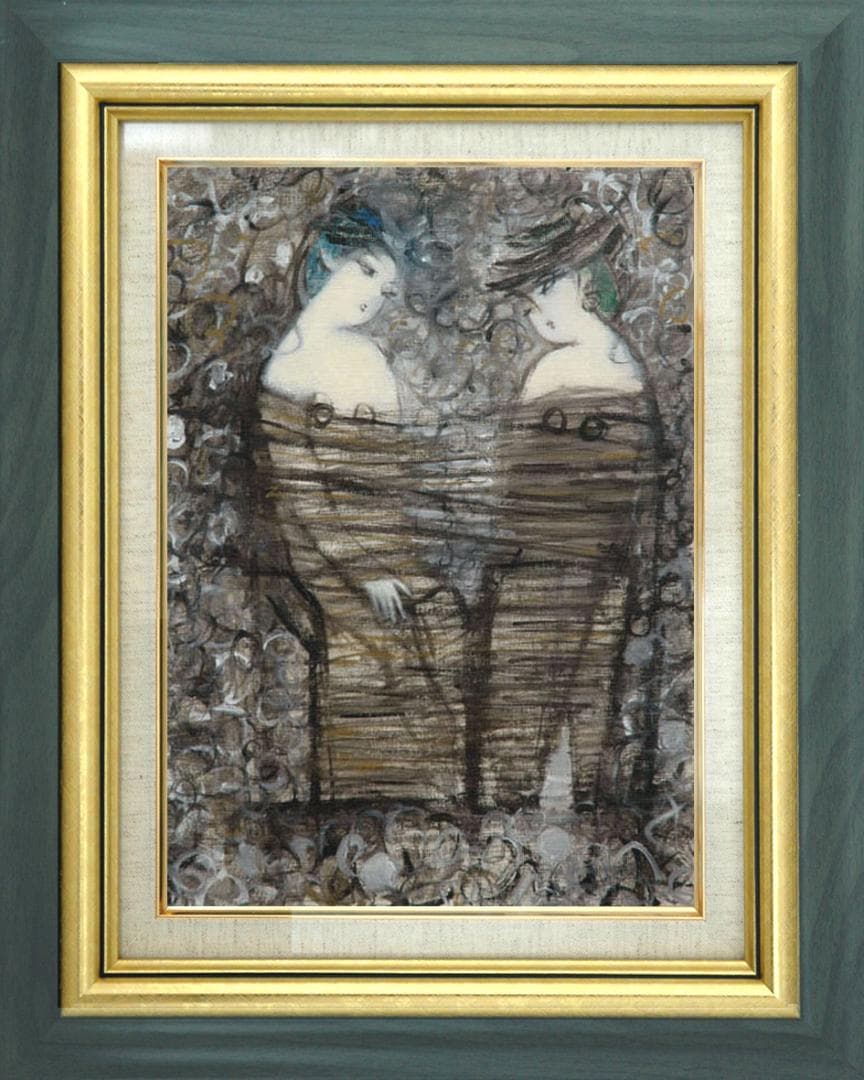 絵画インテリア 額付 (青緑＋金色の枠) 油絵 F6-050113 人物女性像