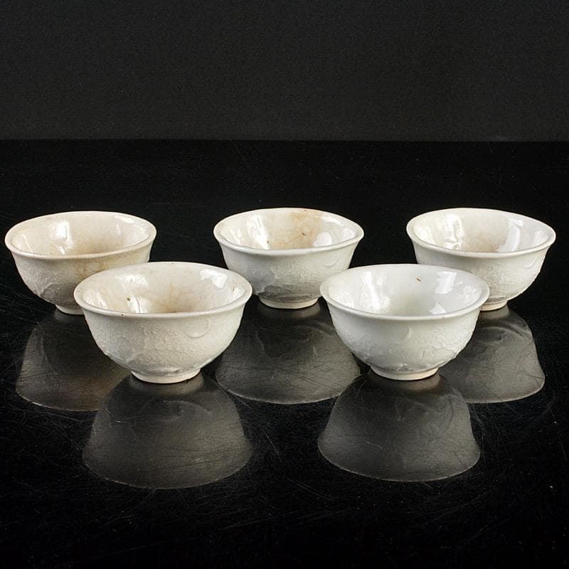 白高麗 徳化窯 陽刻 桜閣山水文 煎茶碗 五客 仕覆・