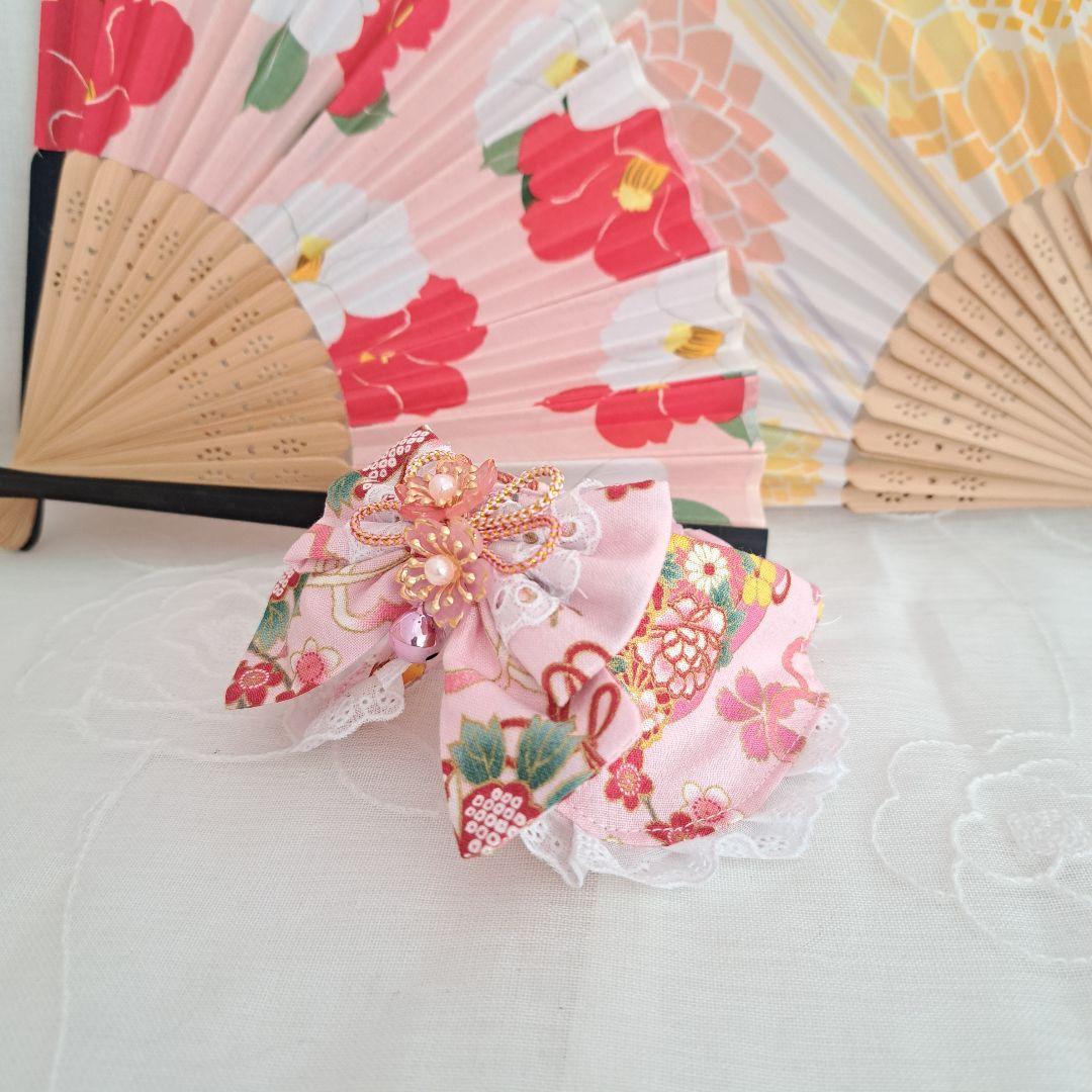 和風(ピンク)わんちゃん猫ちゃん用襟つき首輪 和風つまみ細工付き
