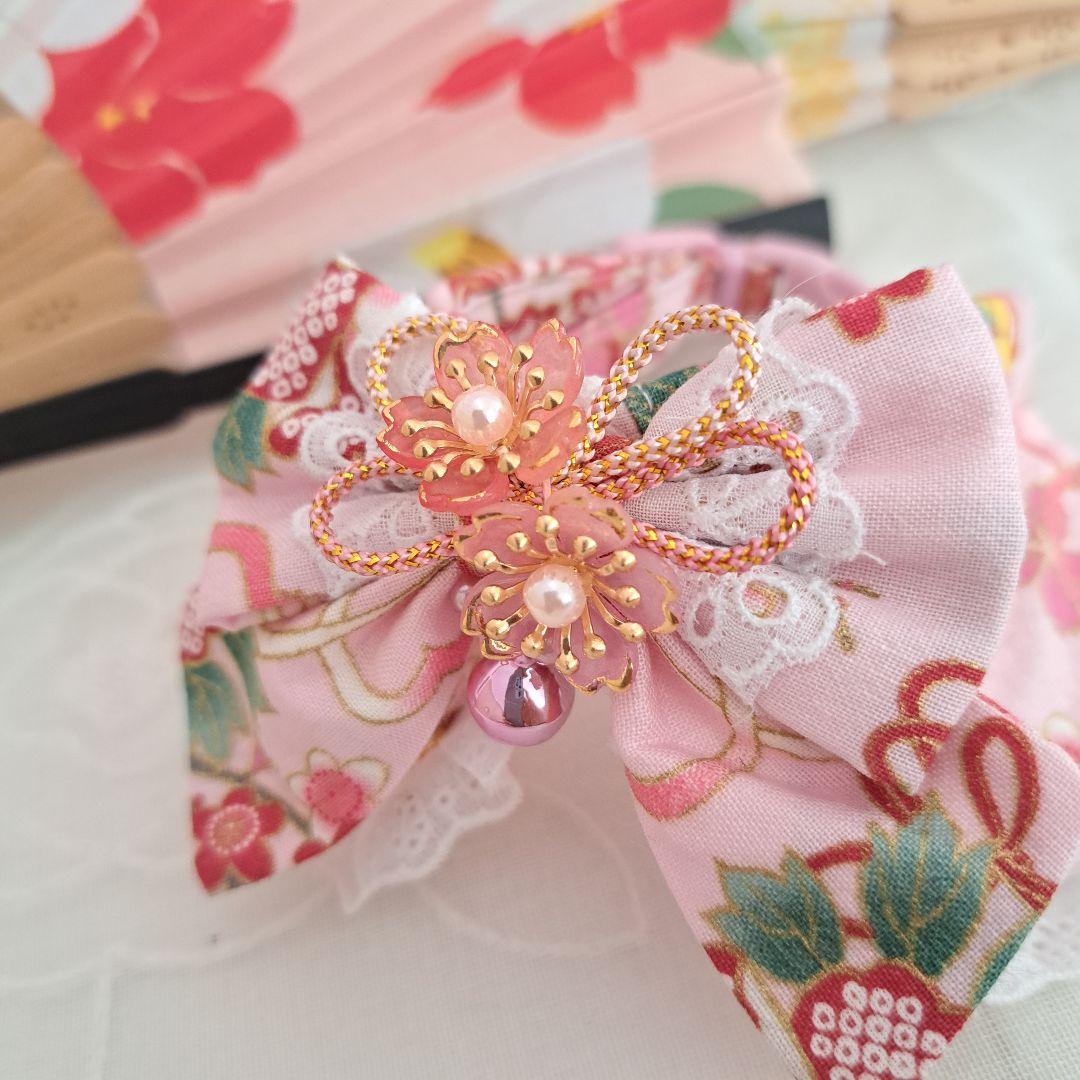 和風(ピンク)わんちゃん猫ちゃん用襟つき首輪 和風つまみ細工付き