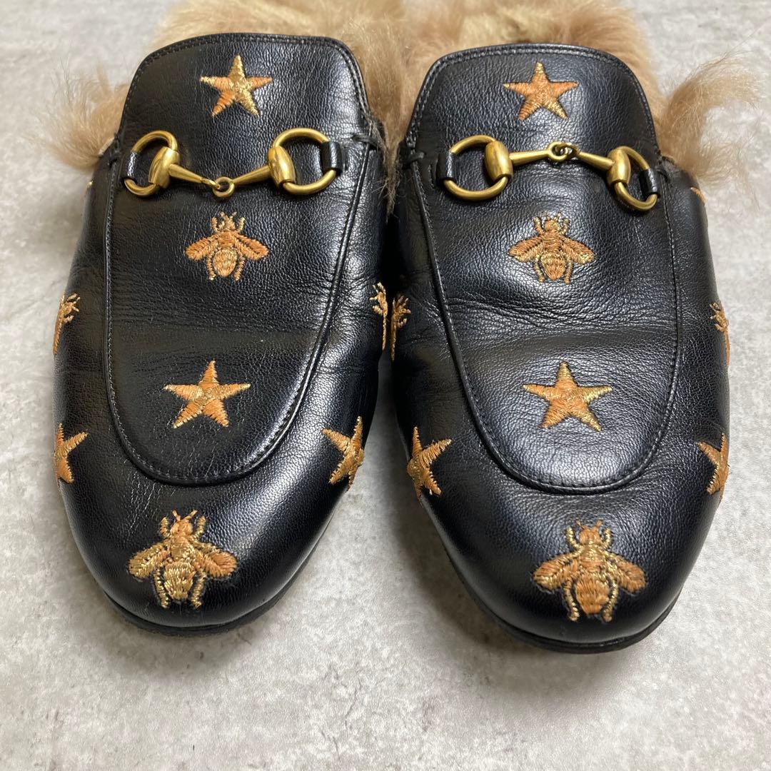 GUCCI グッチ プリンスタウン　37 エンブロイダリー　　ファー　ミュール