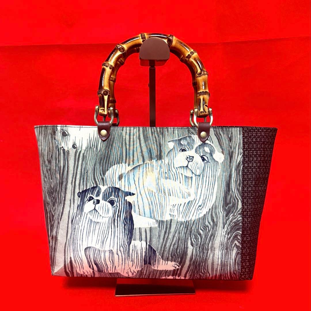 【アンティーク　犬と紬】バンブーバッグ　アンティーク着物　リメイクバッグ