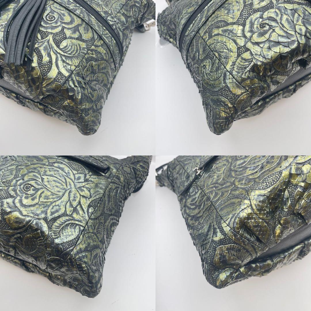 美品✨ JRA認定 パイソン レザー 2way ハンドバッグ バラ カービング