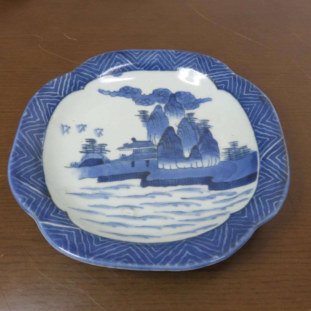 角皿 染付 8枚 山水 江戸 雲 民家 船 変形皿 合箱あり