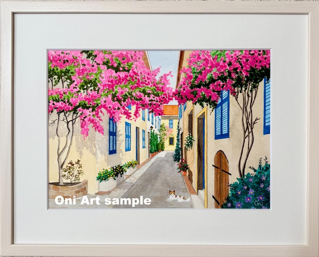 透明水彩画　原画　「花の咲く路地05」額縁付き　F4サイズ　風景画
