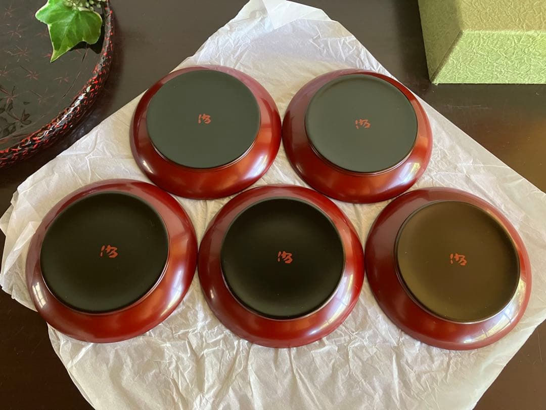 輪島塗　銘々皿　椿皿　菓子皿　５枚　古代朱　市中佑佳 氏　日展特選作家