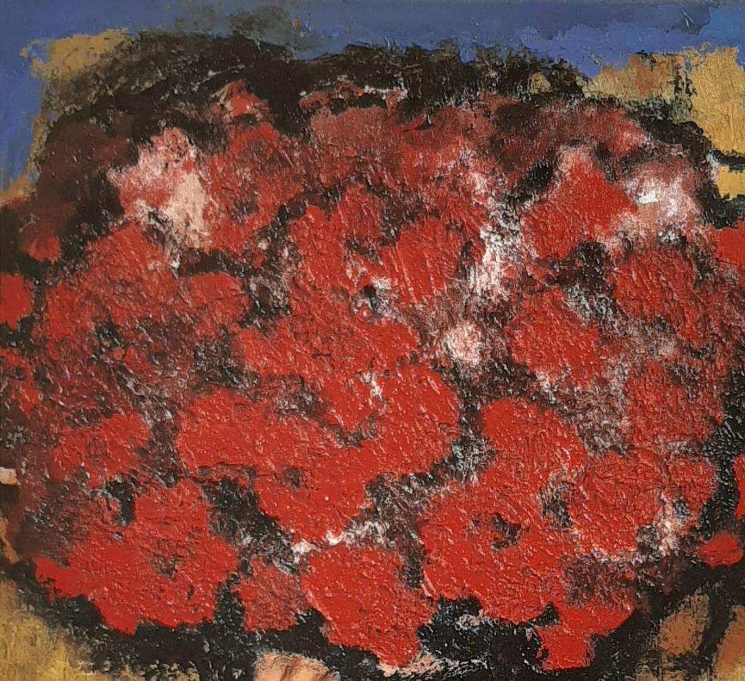 首藤百合子、「赤い花 No17-2」、希少画集の額装画、四季、風景、人気作品