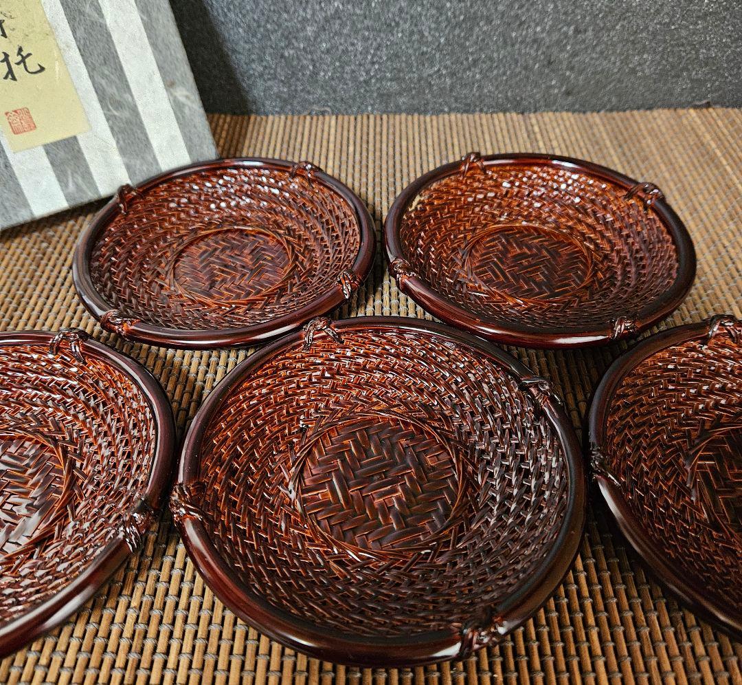 京都の老舗 公長齋小菅 作 竹編込竹細工竹工芸 円茶托 5客 煎茶具