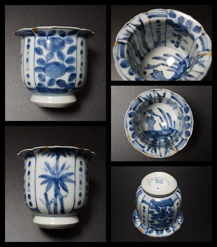 江戸期 古伊万里 染付 向付 在銘 金繋ぎあり 箱付 6客セット