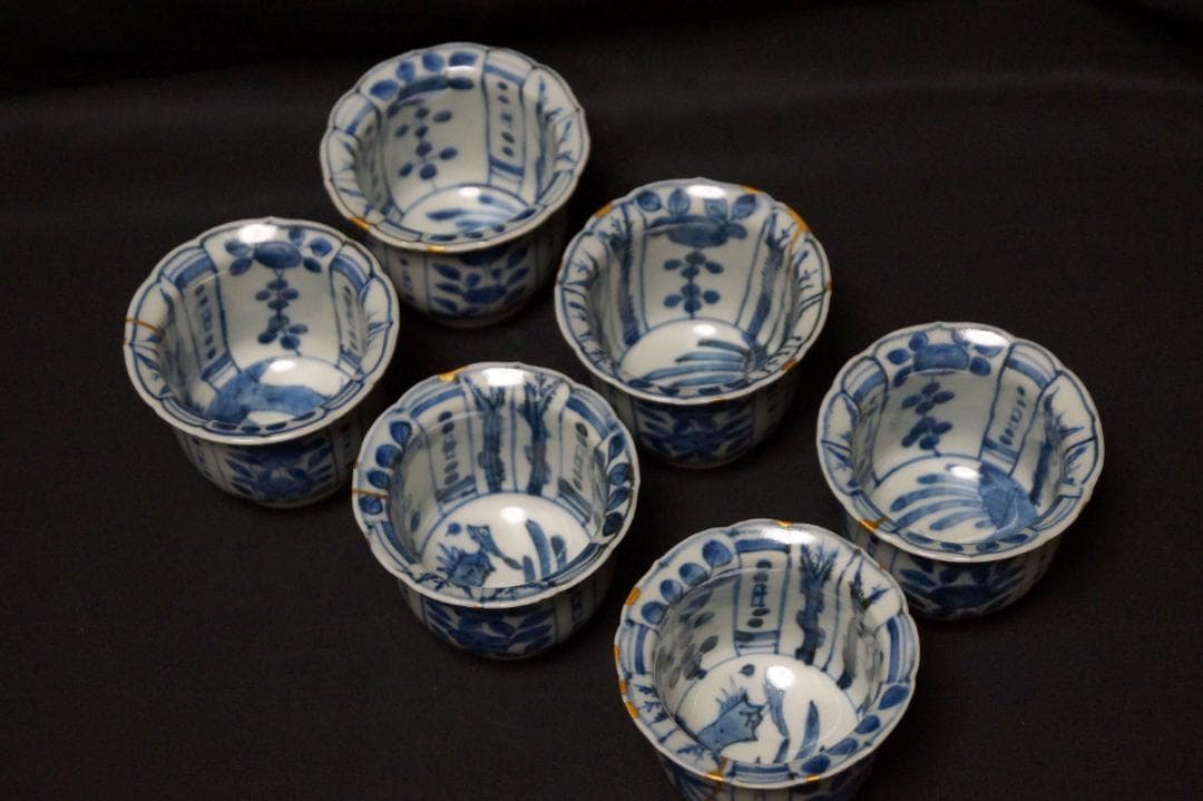 江戸期 古伊万里 染付 向付 在銘 金繋ぎあり 箱付 6客セット