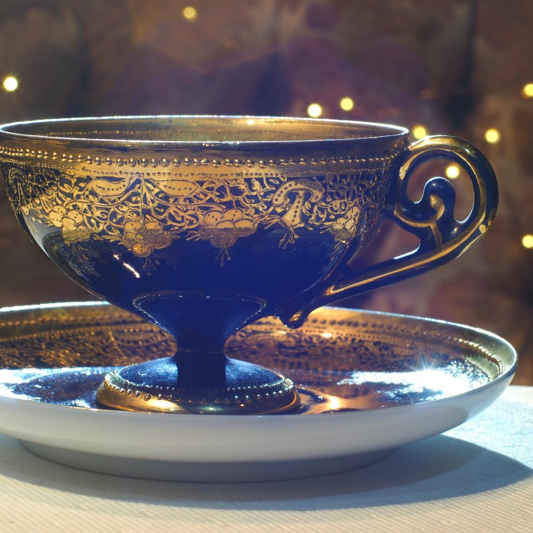 オールドノリタケ 金盛藍線帯華装飾紋 メイプルリーフ印 ペディスタル