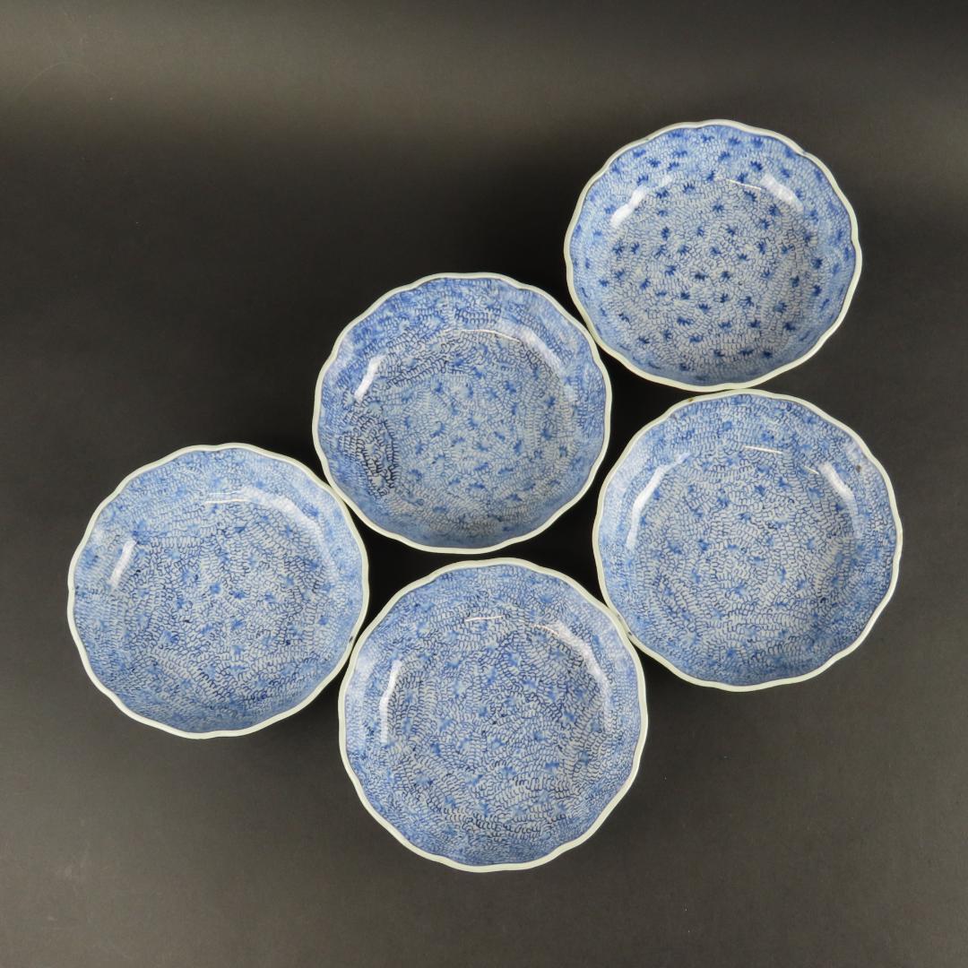 ⭕292 古伊万里 染付 膾皿なます皿5客 みじん微塵唐草文様 江戸期