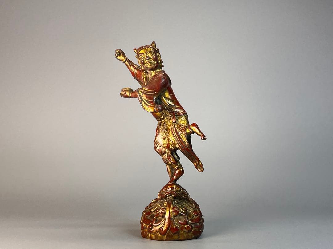 時代物　銅胎　漆器　朱漆金箔　魁星点斗 独立鰲頭（学業有成）置物　縁起物　中国