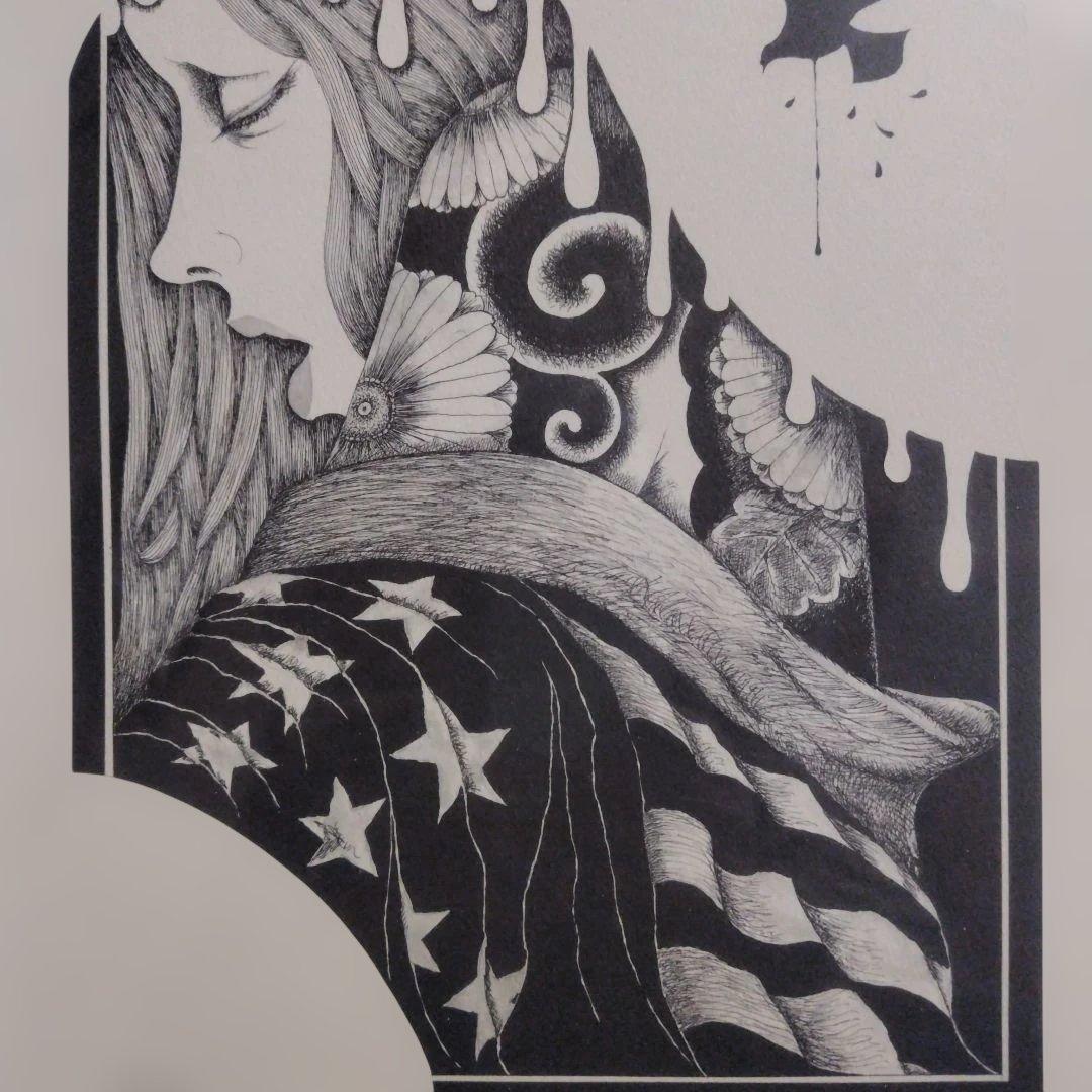 女性と星条旗のリトグラフ 米倉斉加年 黒い鳩 - 版画卸売り
