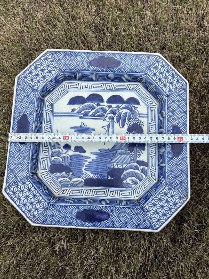 江戸後期〜明治期 染付 八角大皿 山水図 古伊万里様式 幅31.5
