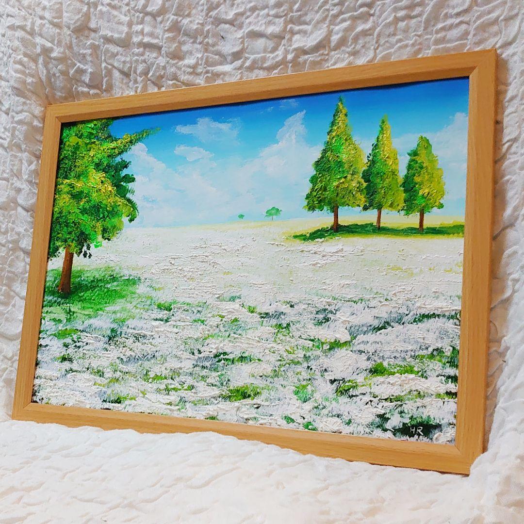 油絵 絵画 咲いた白の広場【Ａ3】