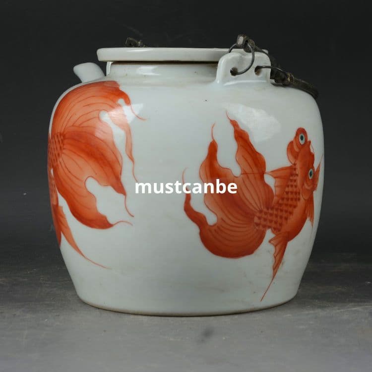 景徳鎮 陶磁器 金魚紋提梁壺 茶壺 煎茶器 装飾品 現代工芸品
