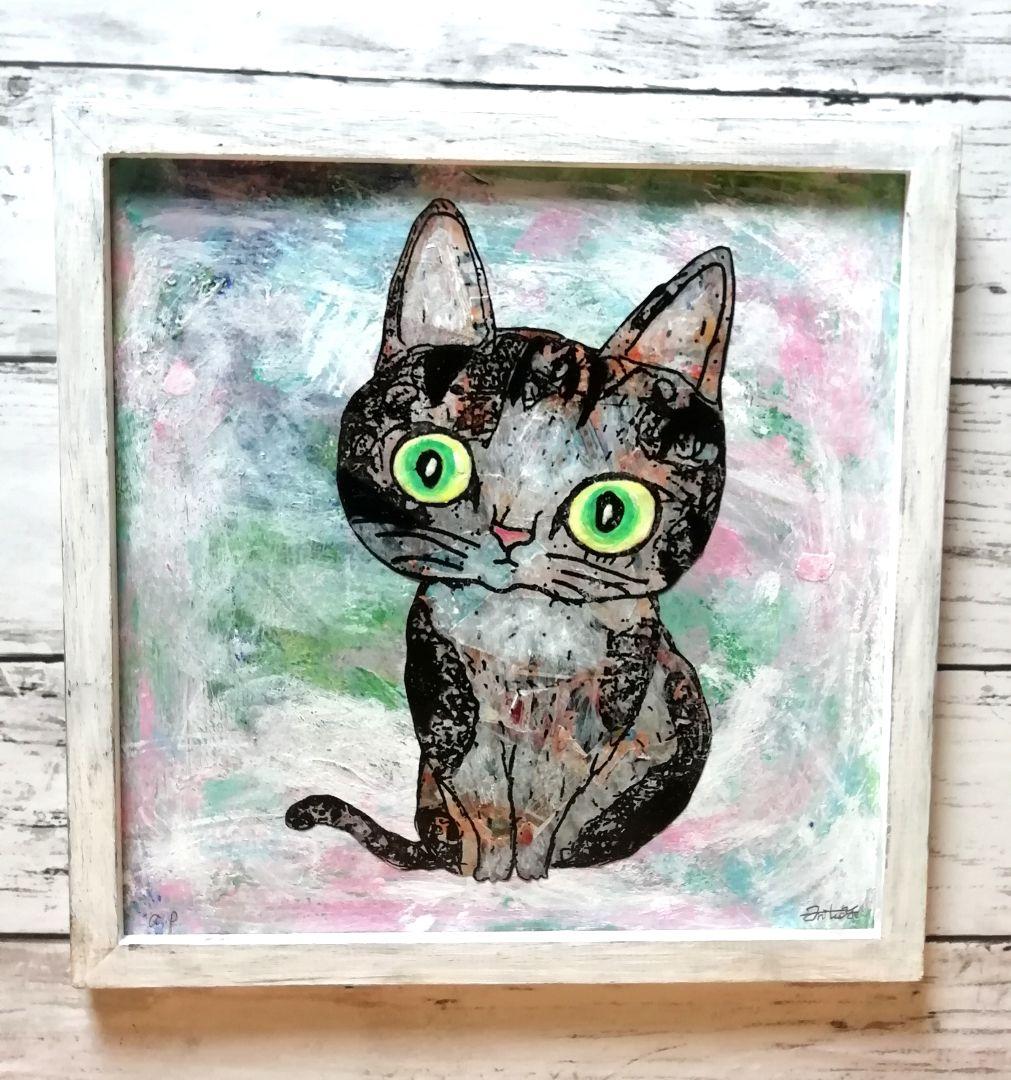 銅版画応用表現絵画 「ひらめき猫」 銅版画応用表現絵画 「ひらめき猫