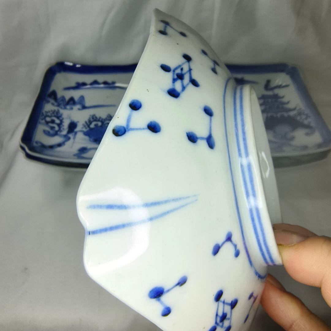 古伊万里 染付隅切り四方皿 手描き山水図 在銘 時代物 旧家蔵出し美品