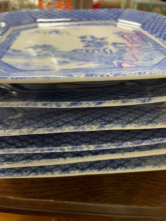 明治時代　古伊万里　染付　印判　染付　山水図　四方隅切大角皿　径27cm