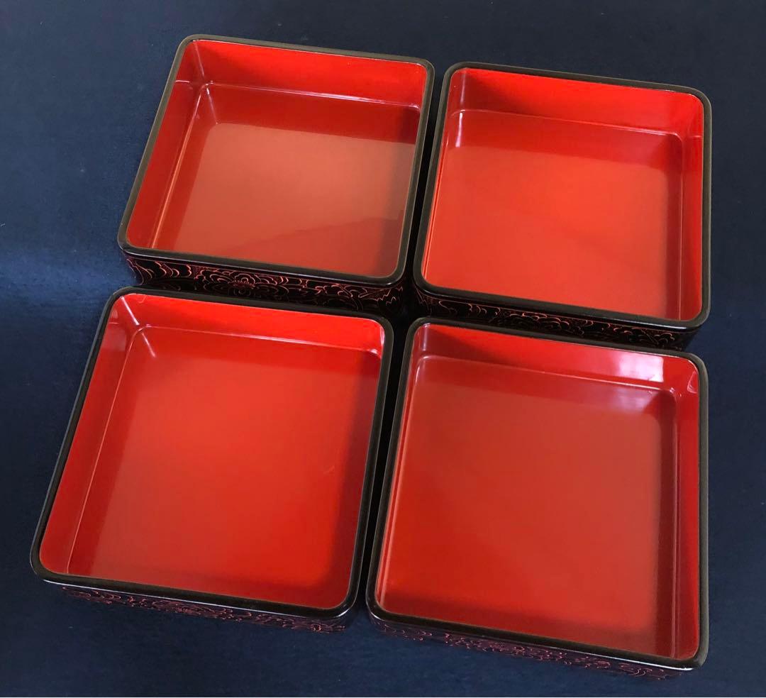 《レ》輪島塗 牡丹彫 四段重 替蓋付 木製漆器 木箱　251119え4