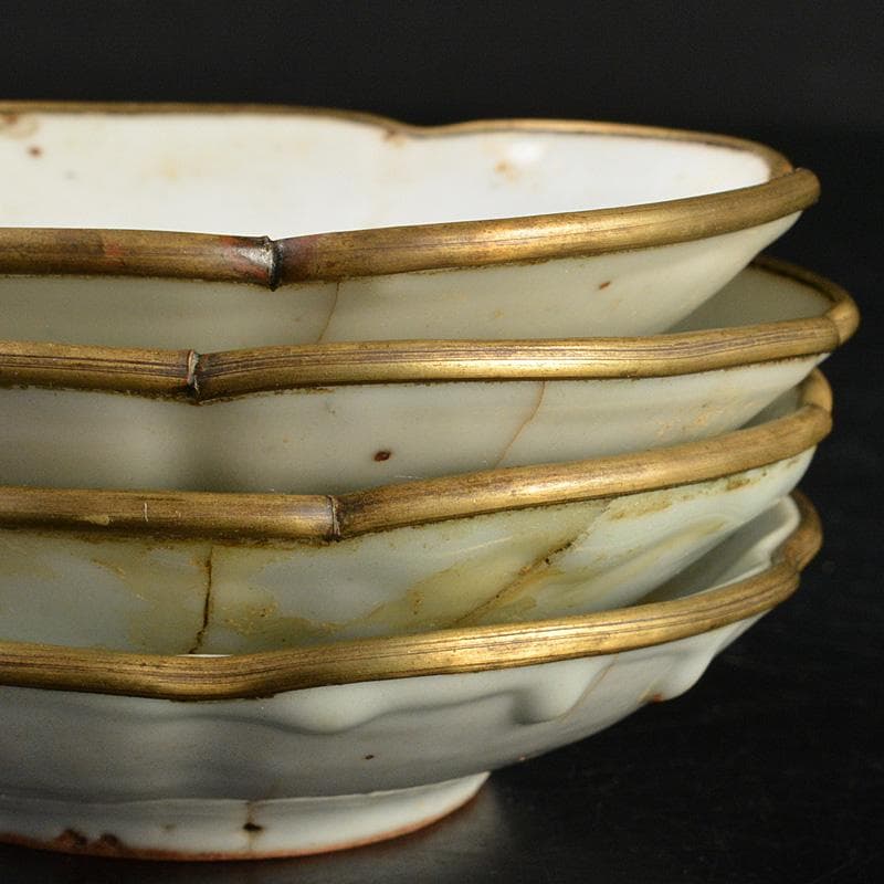 中国 徳化窯 白磁 銅覆輪 輪花皿 四客 V R7320