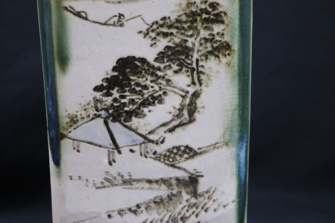 清水 青緑釉山水 四方華瓶 平安陶工 土龍庵清山作 共箱 茶道具 送料