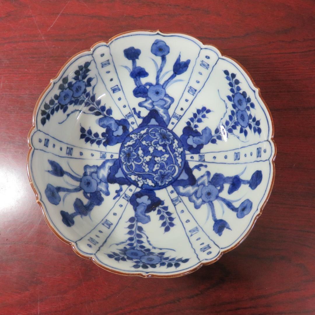 なます皿 鉢 3枚 染付 芙蓉手 花文様 花弁縁 銘 江戸 明治 美品