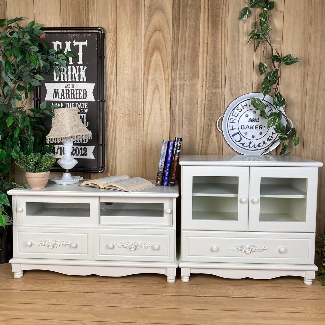 2つset フレンチカントリー食器棚×キャビネット