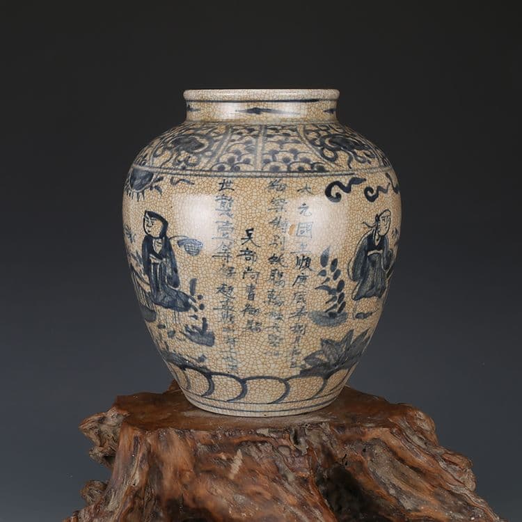 青花人物紋缶 陶磁器 現代工芸品 美術品 装飾品 置物