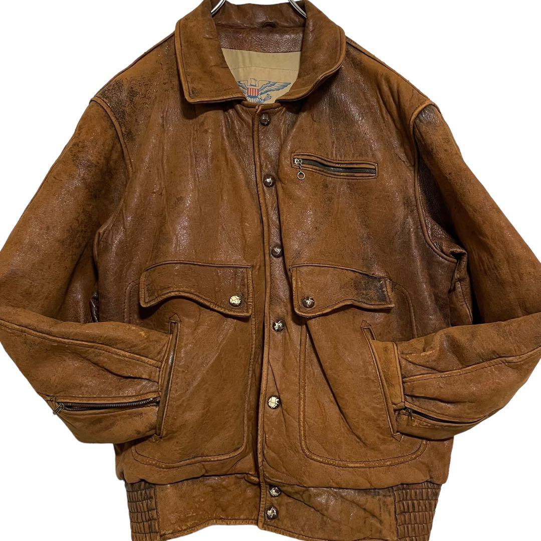 大きいサイズ【vintage】裏地派手 本革 ラムレザージャケット ブラウン