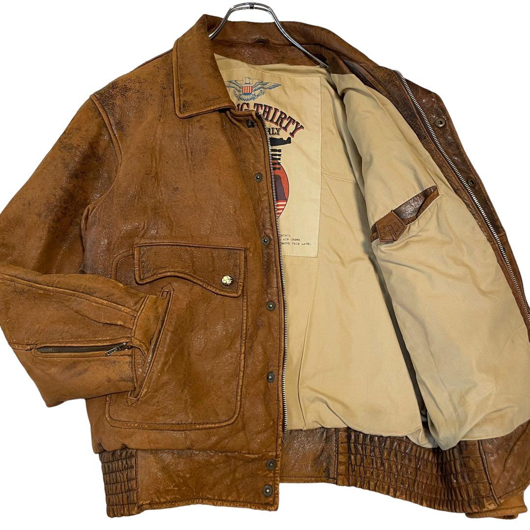 大きいサイズ【vintage】裏地派手 本革 ラムレザージャケット ブラウン