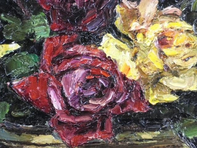 日動画廊取扱 萩谷巌 直筆サイン『ばら』キャンヴァスに油彩 15号