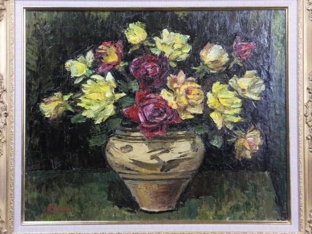 日動画廊取扱 萩谷巌 直筆サイン『ばら』キャンヴァスに油彩 15号 0418L