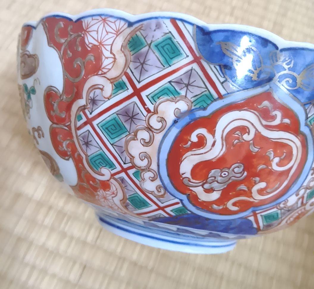 古伊万里 染錦祥瑞菊花型大鉢 古美術 骨董 窓絵 江戸期 【