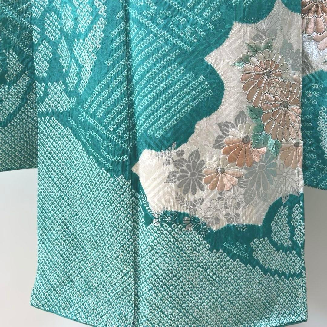 428 振袖フルセット 正絹 青緑 ピーコックグリーン 銀彩 駒刺繍 刺繍 絞り