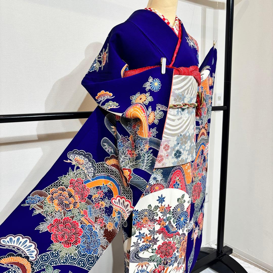 振袖フルセット 7点セット 長襦袢付き 身丈158 青 成人式 前撮り f26