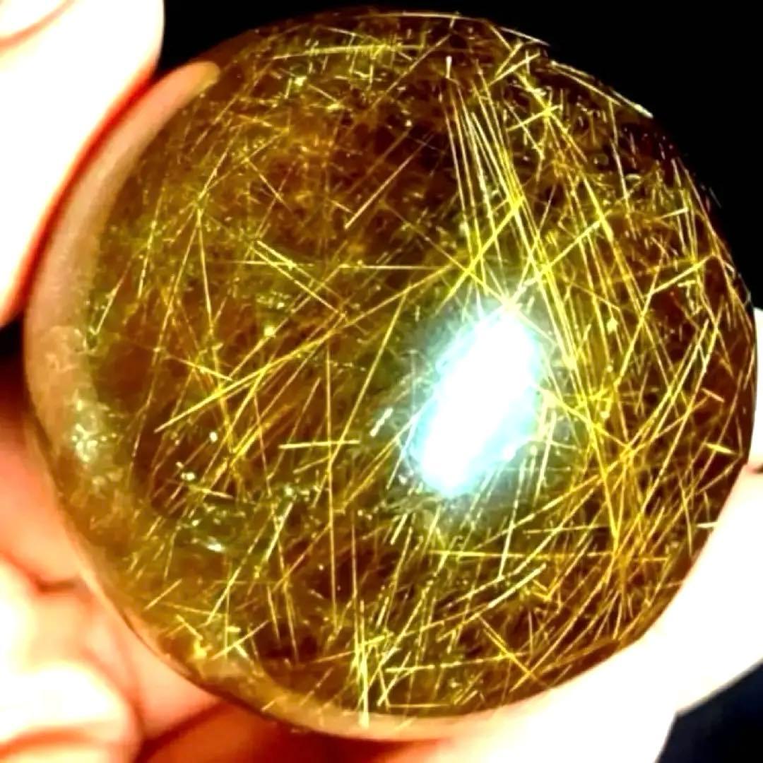 50mm 虹入りゴールドルチルクォーツ丸玉スフィア金針水晶
