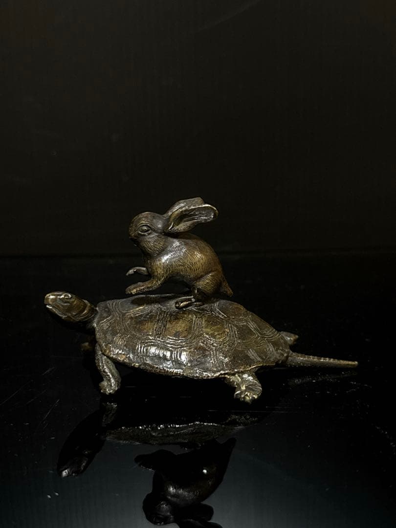 珍品 明治期 古銅 『うさぎとかめ』 兎と亀 置物 文鎮 コレクション