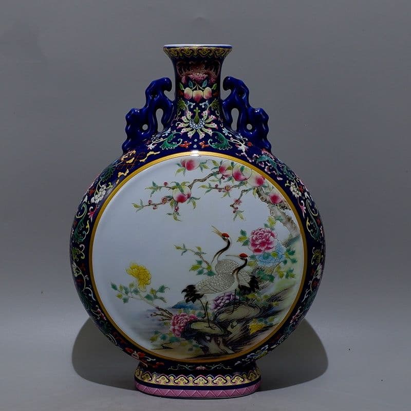 藍地琺瑯彩纏枝両面開窓花鳥抱月瓶 景徳鎮陶磁器 装飾品 現代工芸品 美術品 置物 藍地琺瑯彩纏枝両面開窓花鳥抱月瓶 景徳鎮