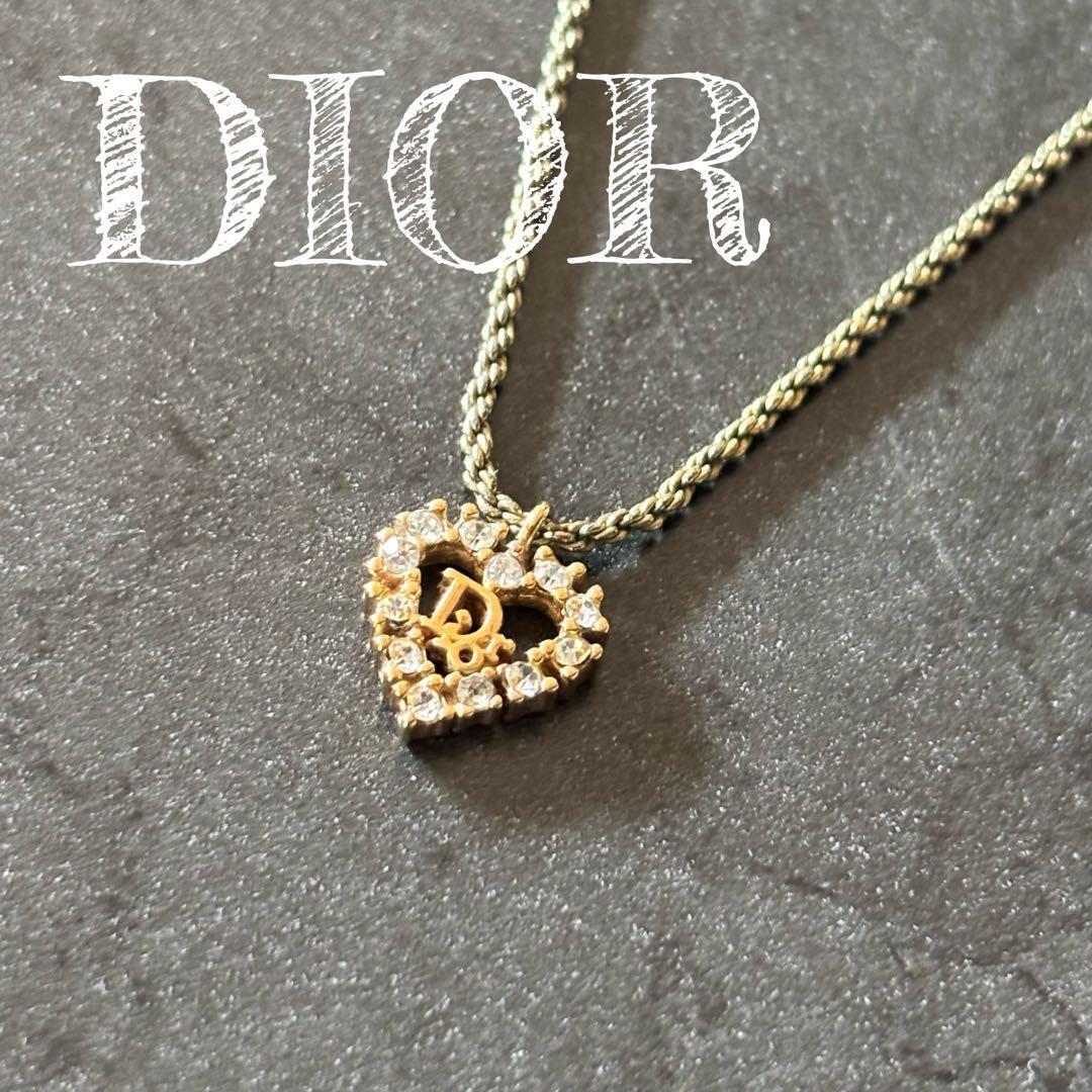 クリスチャンディオール ハート ラインストーン ネックレス ゴールド