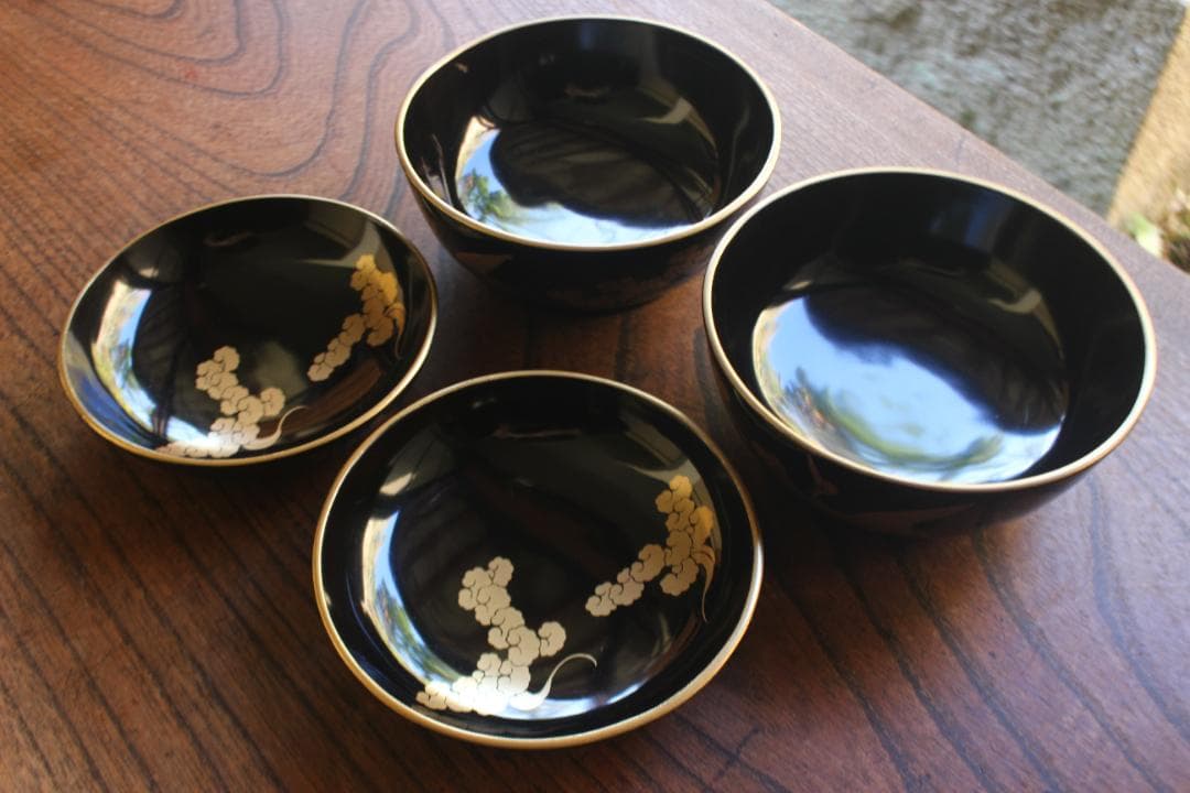 時代逸品！時代金縁黒漆に極上雲鶴蒔絵の映える煮物椀2