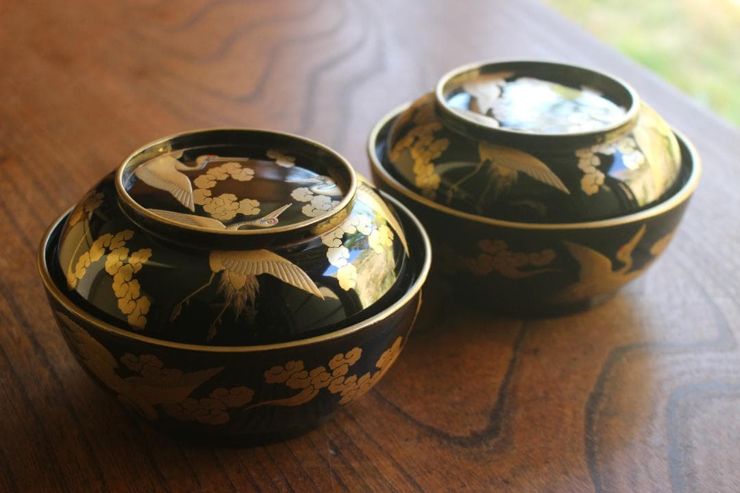 時代逸品！時代金縁黒漆に極上雲鶴蒔絵の映える煮物椀2