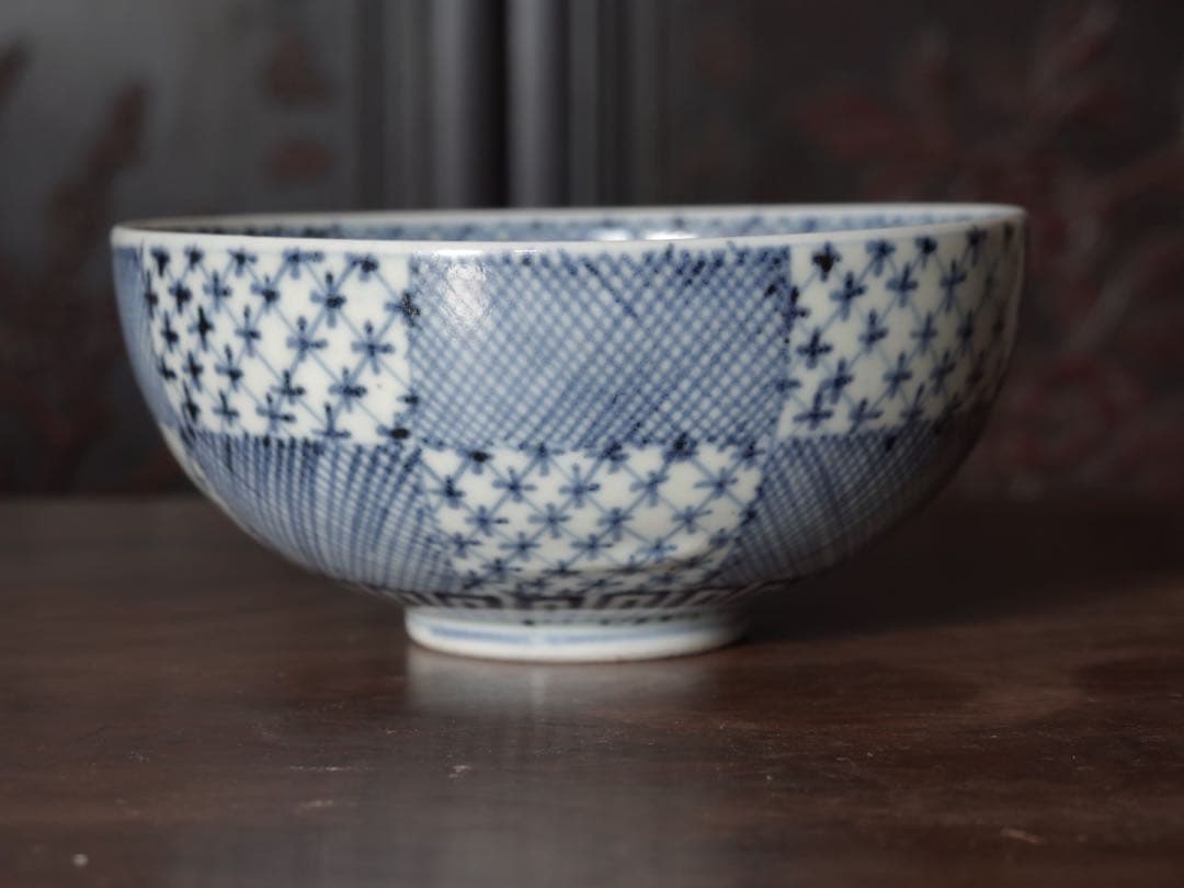 送料無料　江戸中期〜後期　古伊万里　染付　市松紋　鉢　盛鉢　菓子器　ボウル